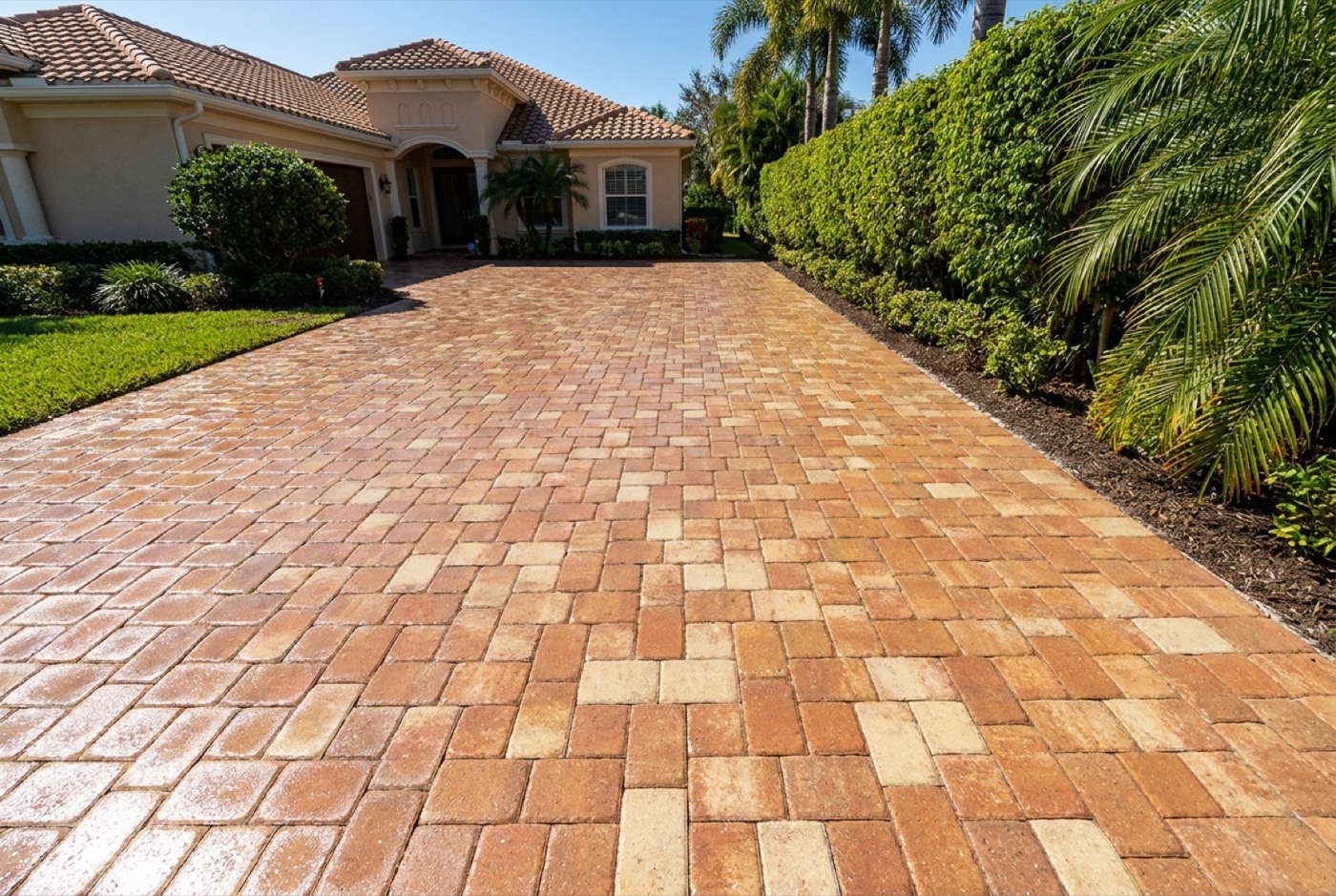 Clean restored paver driveway after sealer and coating removal in Southwest Florida